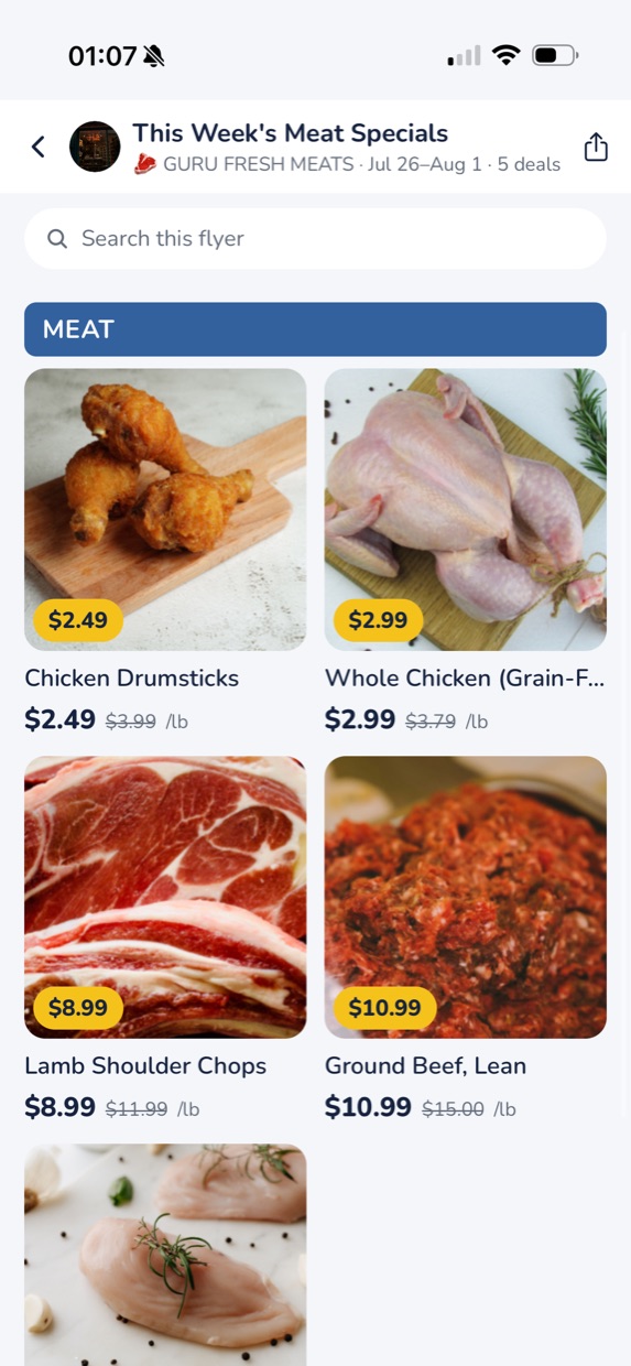 A shop's full flyer in the Flyerly app: a MEAT section with chicken drumsticks at $2.49, whole chicken at $2.99, lamb shoulder chops at $8.99 and lean ground beef at $10.99, each with its regular price struck through.